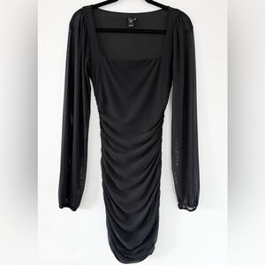 Windsor Black Mini Long Sleeve Dress Small Mesh Ruched Square Neck Stretch Party